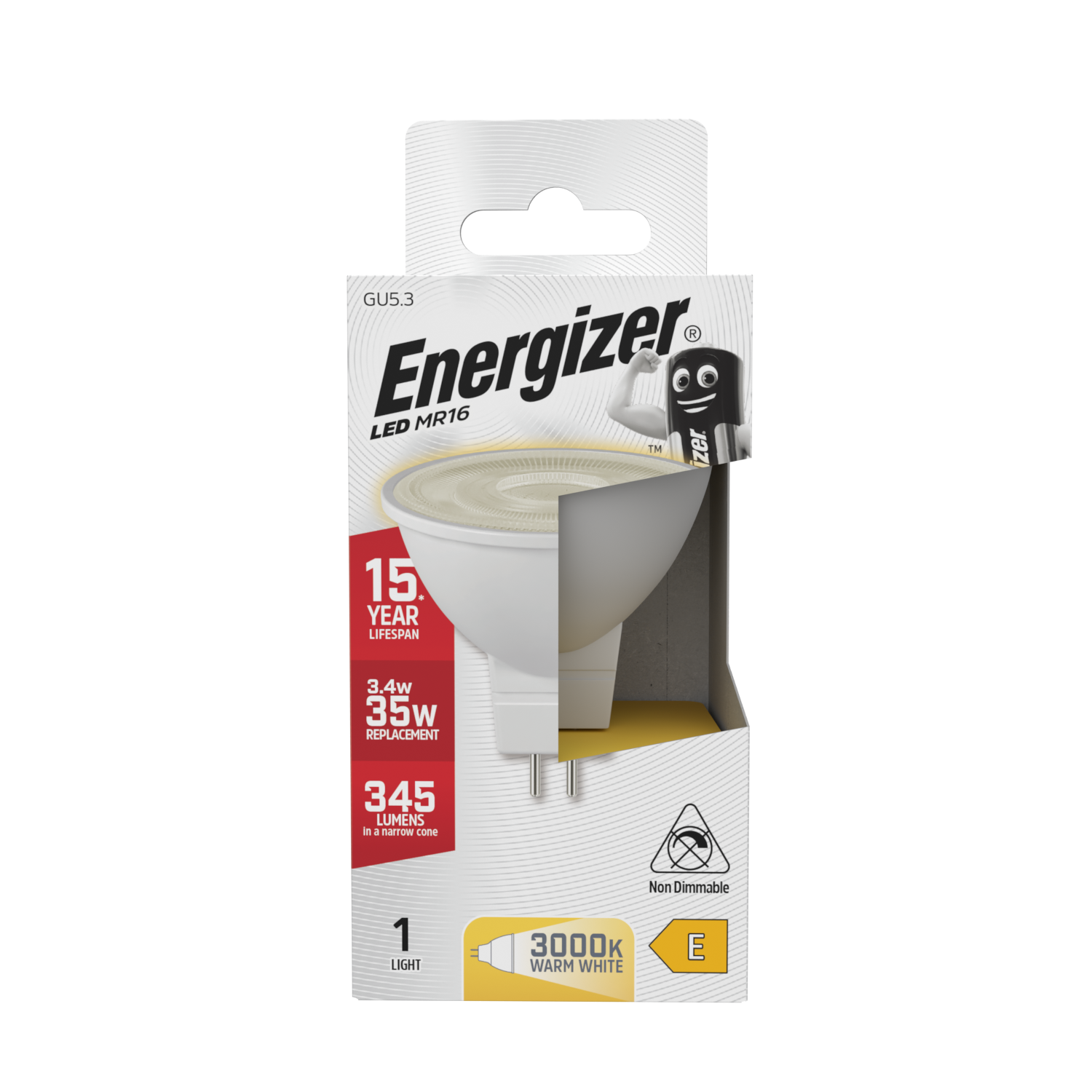 Energizer LED GU5.3 345 Lumens 3.4W 3,000K (Warm White), Box of 1